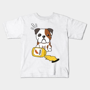 Cute English Bulldog Spilled a jar of mustard sauce Kids T-Shirt